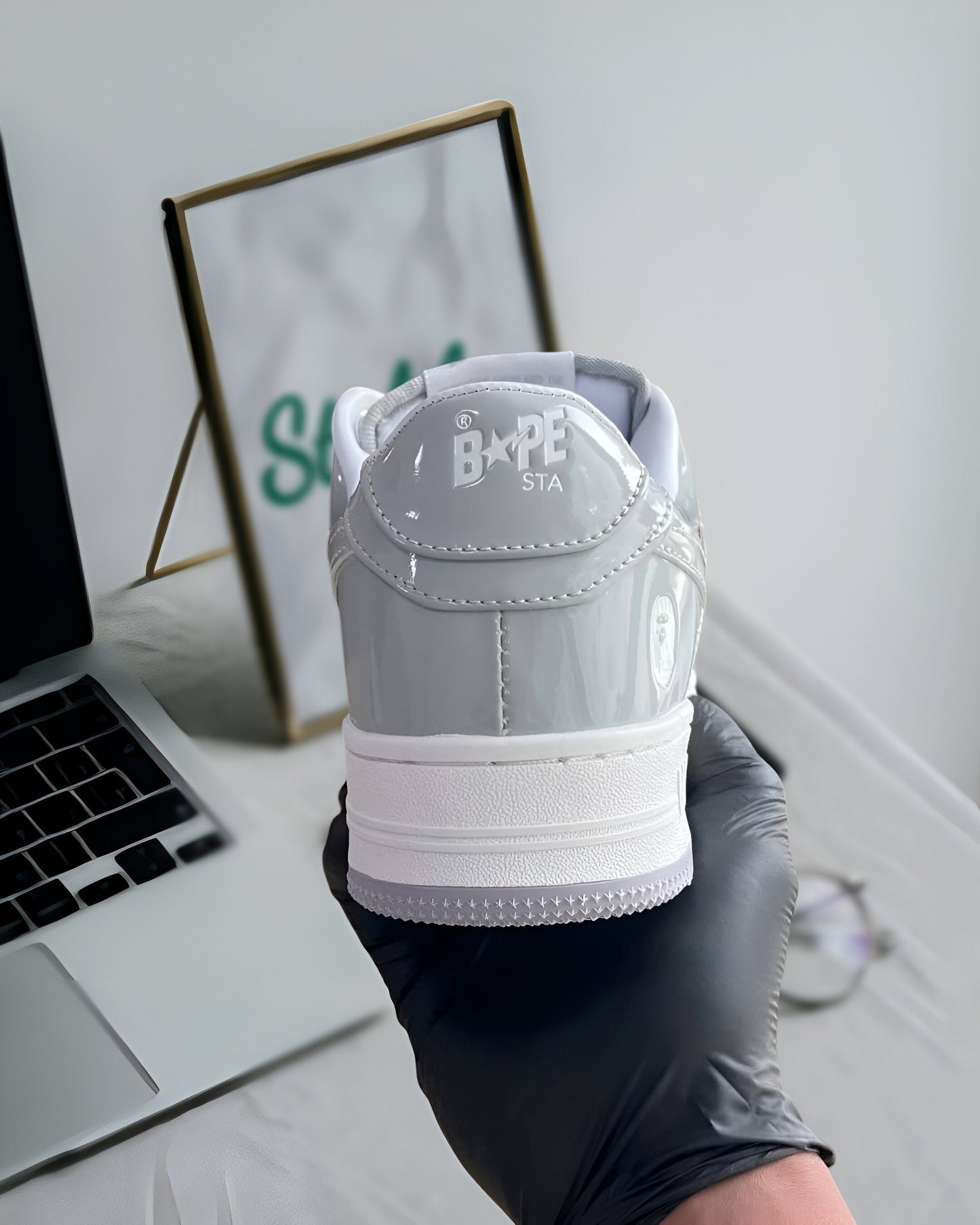 A BATHING APE BAPE STA PATENT LEATHER WHITE GREY