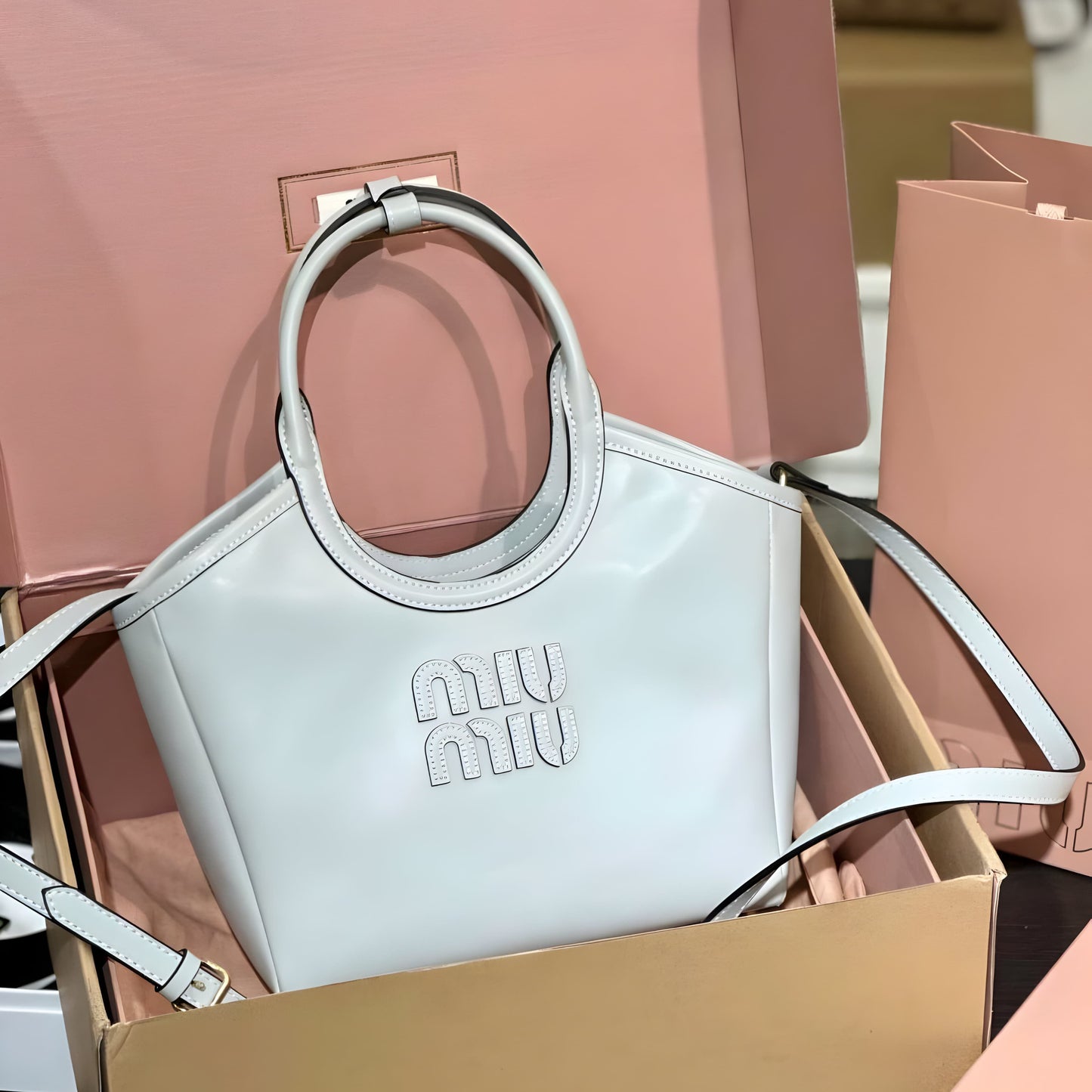 MIU MIU BEIGE CANVAS IVY TOTE BAG