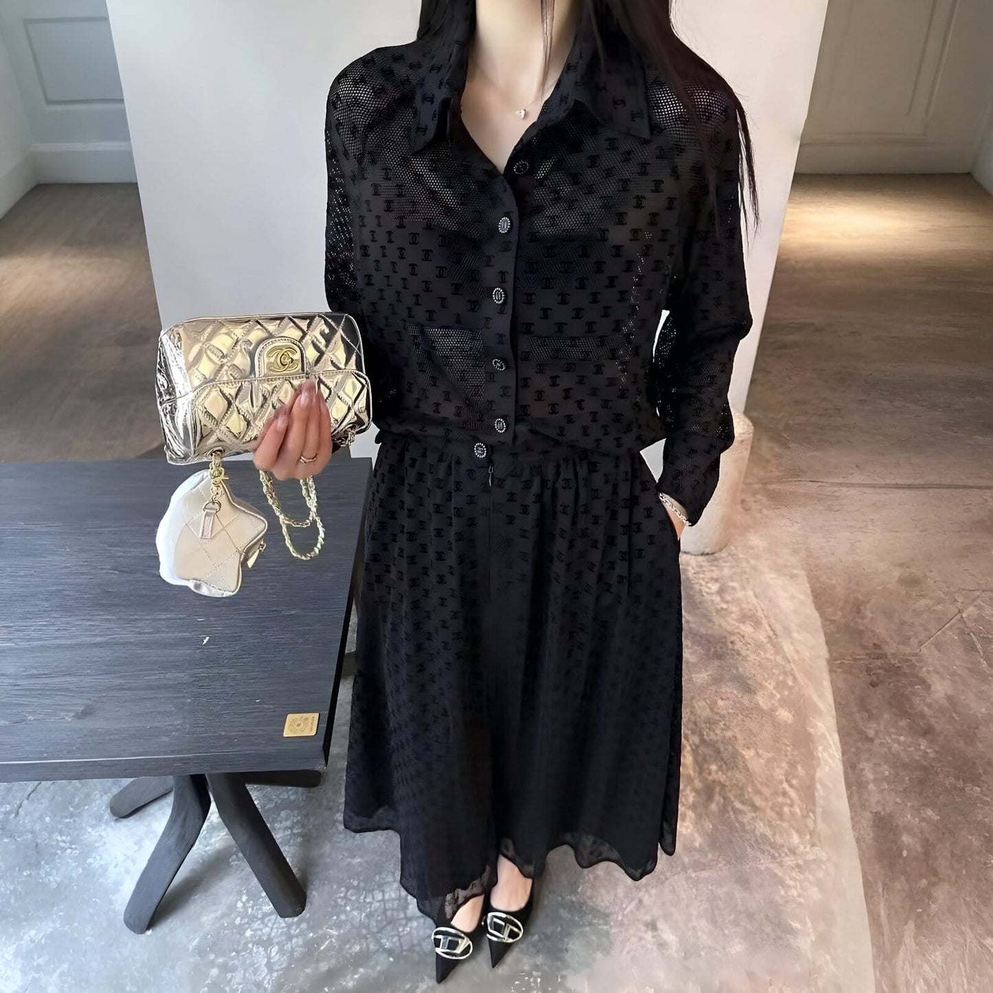 CHANEL BLACK POLKA DOT SHIRT DRESS