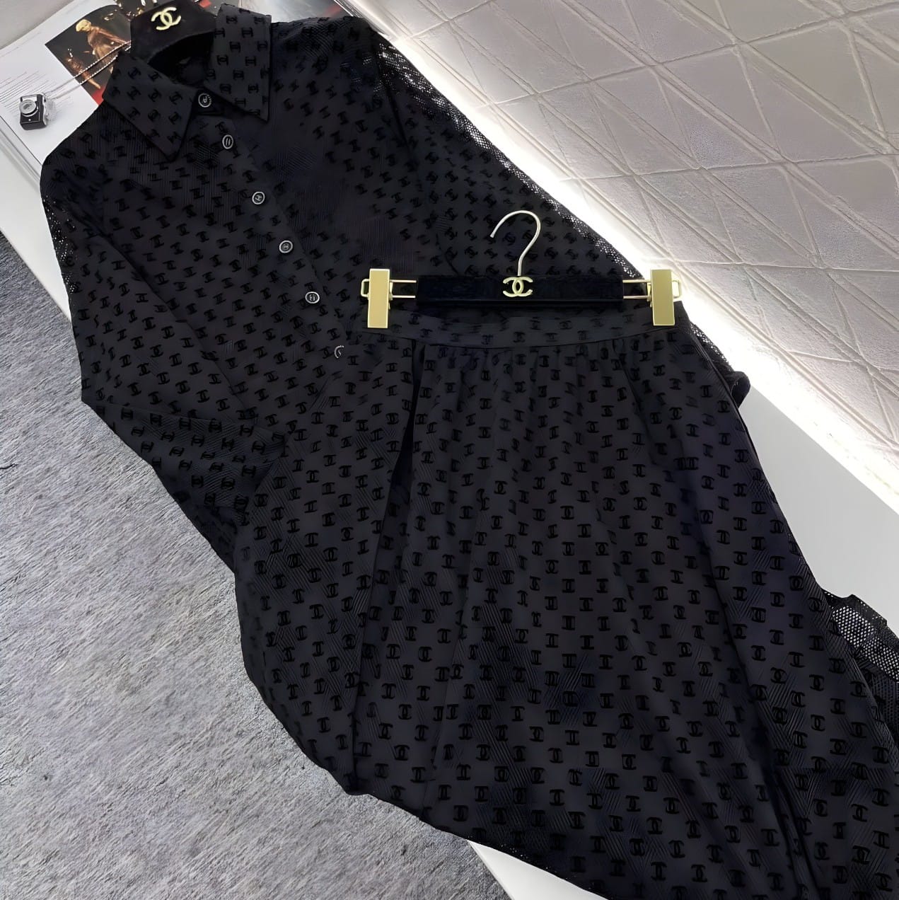 CHANEL BLACK POLKA DOT SHIRT DRESS