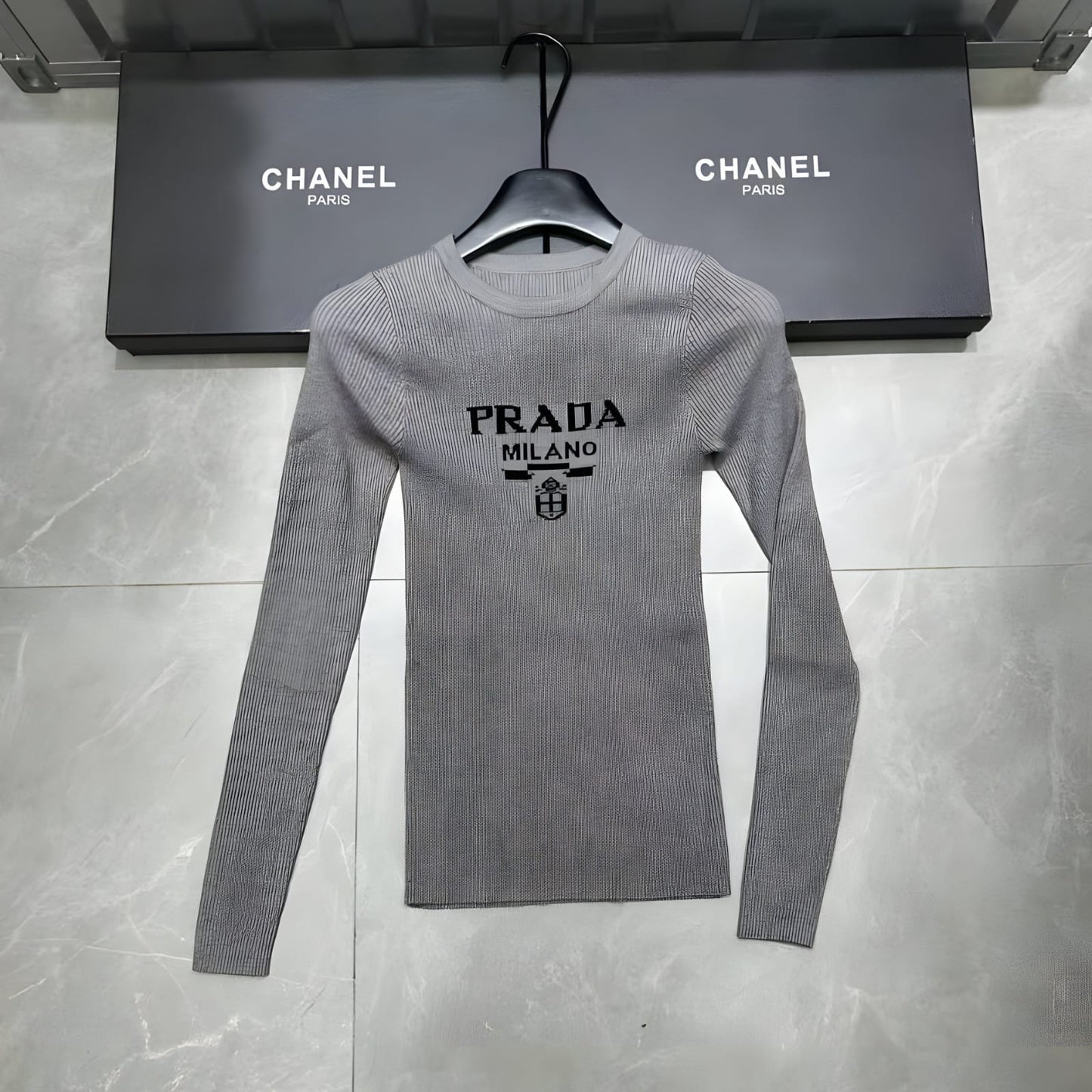 PRADA INTARSIA KNIT LOGO SWEATER.