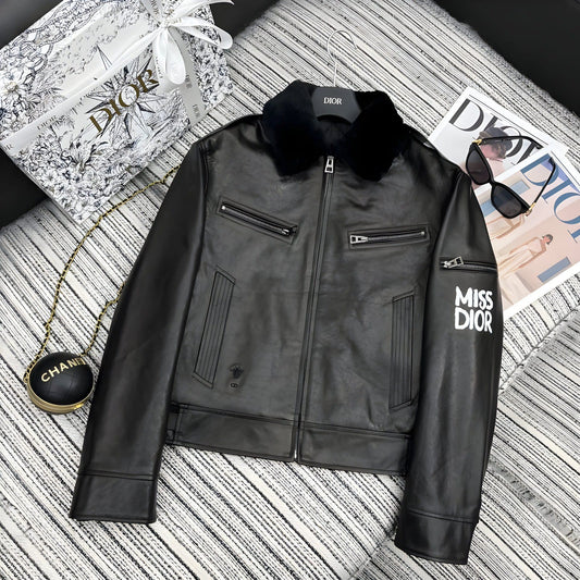 BLACK LEATHER JACKET WITH "MISS DIOR" PRINTED ON THE SLEEVE