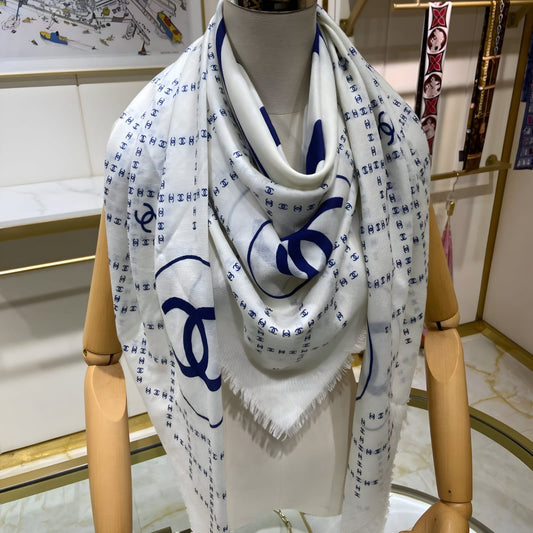 CHANEL WHITE CAMELLIA FLOWER PRINT SILK SQUARE SCARF