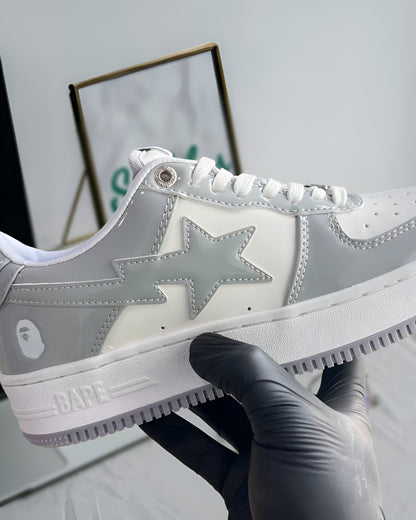 A BATHING APE BAPE STA PATENT LEATHER WHITE GREY