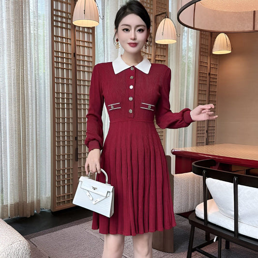 RED FRENCH KNITTED PLEATED MINI DRESS