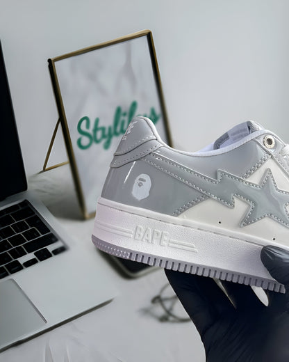 A BATHING APE BAPE STA PATENT LEATHER WHITE GREY