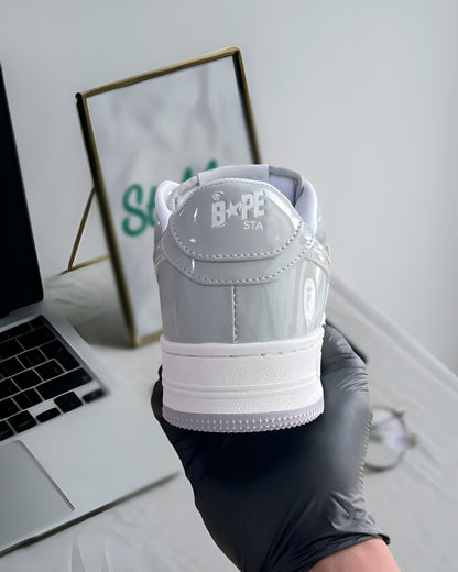 A BATHING APE BAPE STA PATENT LEATHER WHITE GREY