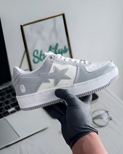 A BATHING APE BAPE STA PATENT LEATHER WHITE GREY
