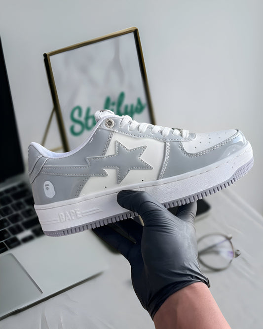A BATHING APE BAPE STA PATENT LEATHER WHITE GREY