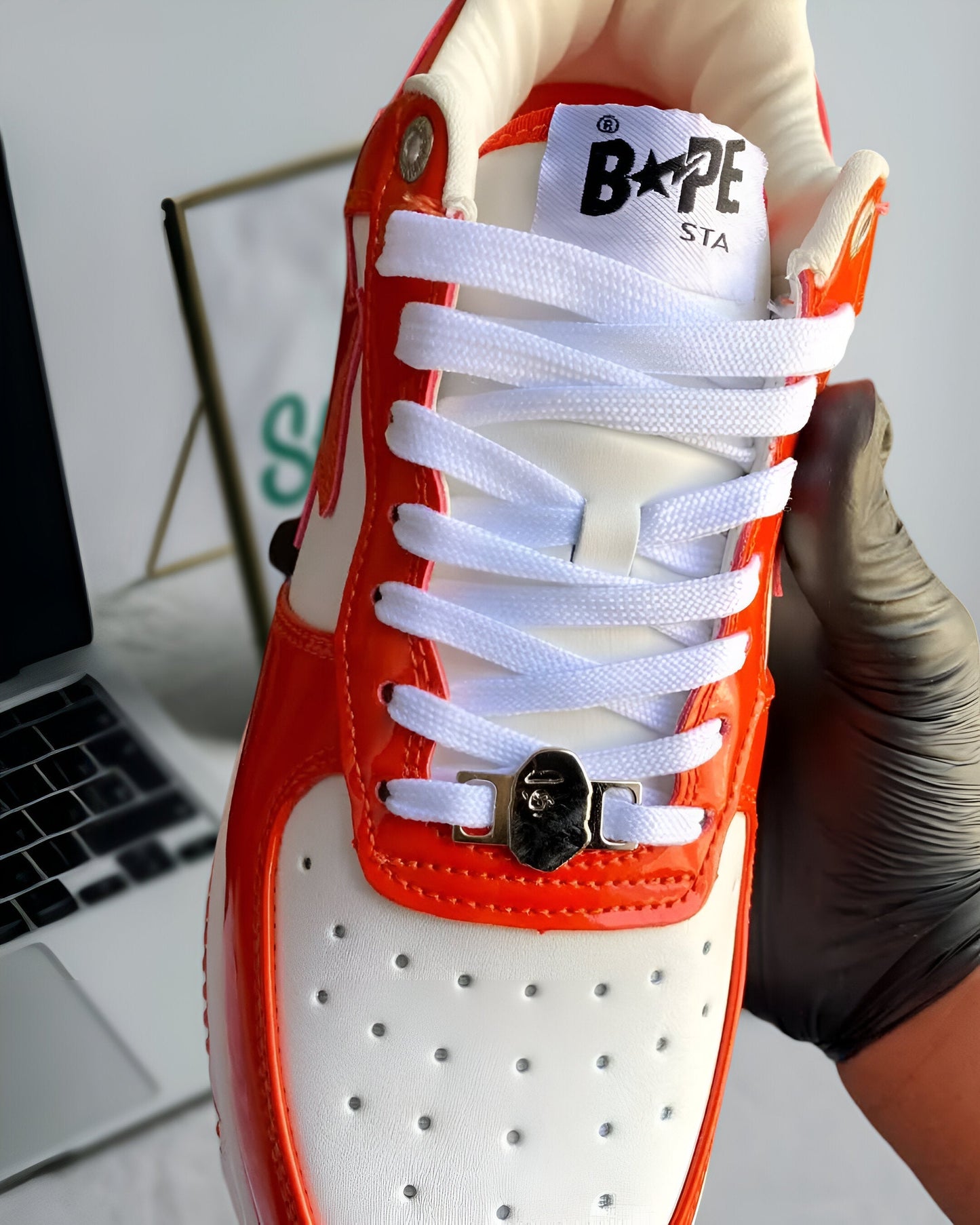 A BATHING APE BAPE STA PATENT LEATHER ORANGE WHITE
