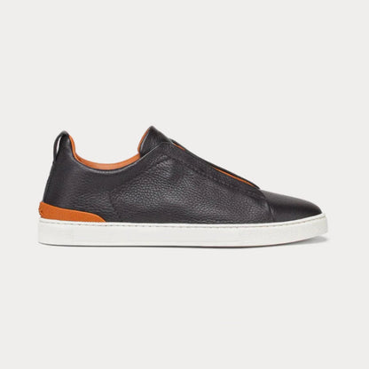 ERMENEGILDO ZEGNA - TRIPLE STITCH DEERSKIN BLACK LOW TOP SNEAKERS